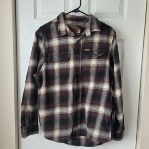 Orvis Brown and Cream Plaid Shirt Schacket Side Pockets